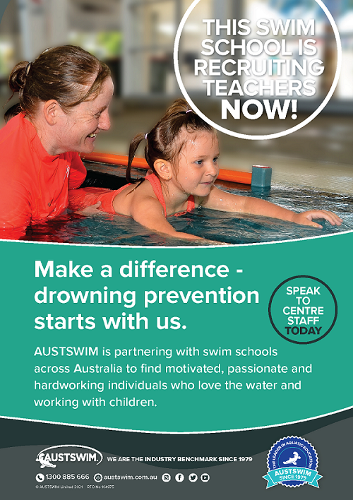 a female instructor assists a small child with swimming. overlay text advertising 'This Swim School is hiring'