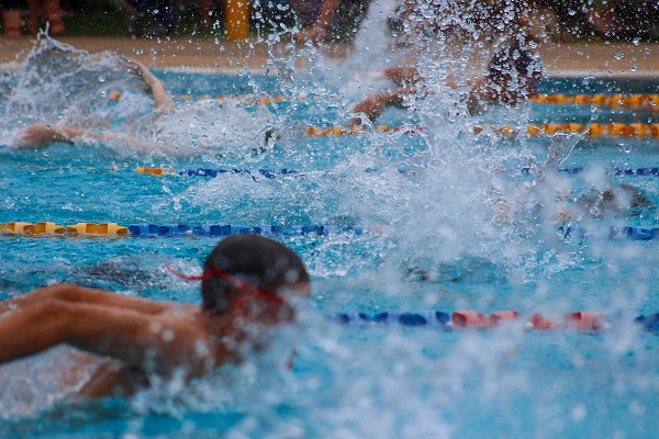 Children in a swimming race in a lap pool